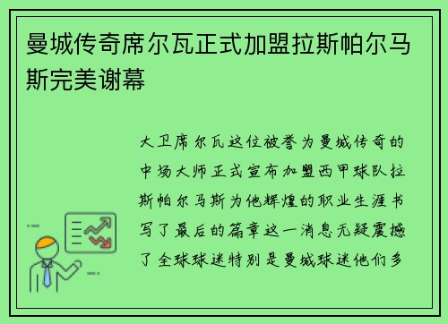 曼城传奇席尔瓦正式加盟拉斯帕尔马斯完美谢幕