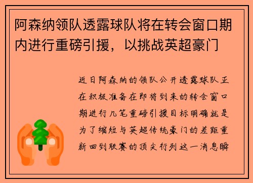 阿森纳领队透露球队将在转会窗口期内进行重磅引援，以挑战英超豪门